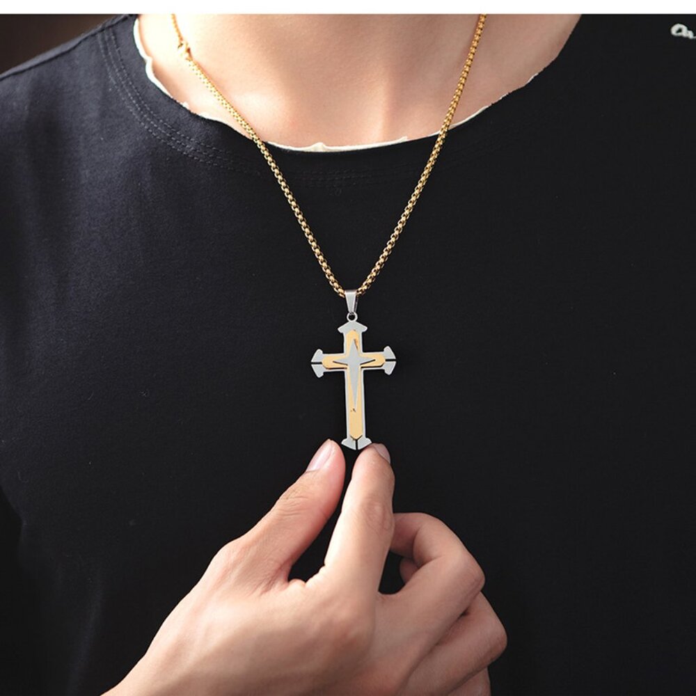❤️Gold and Silver HipHop Cross Necklace Religious, N90201P101 - Picture 4 of 7